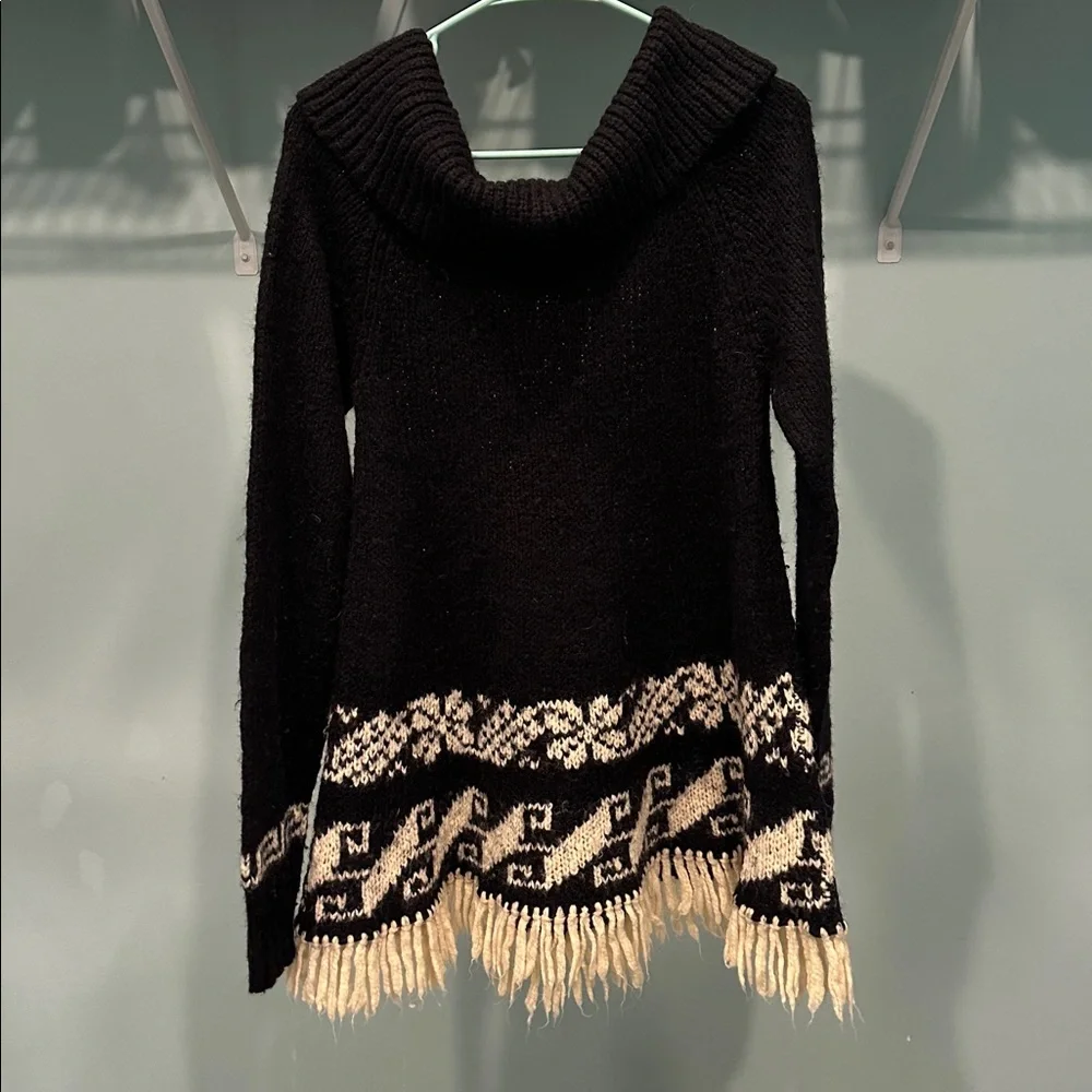 Free People Black and Cream Patterned Cowl Neck Sweater